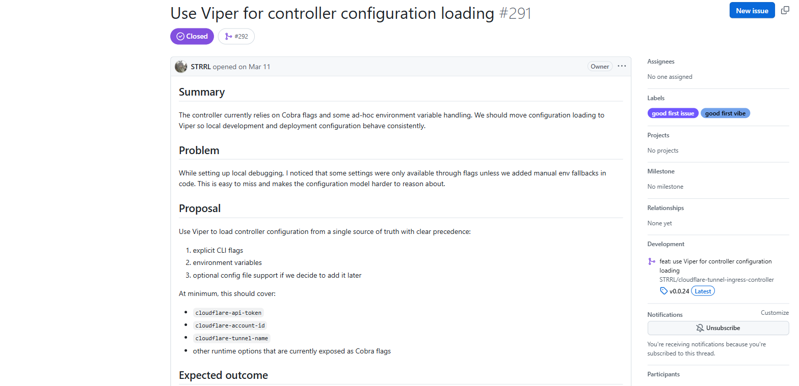 GitHub 이슈 #291 'Use Viper for controller configuration loading' 화면. good first issue, good first vibe 라벨이 붙어 있다.